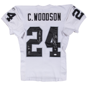 2003 Charles Woodson Game Used, Signed & Inscribed Oakland Raiders Jersey Photo Matched to Super Bowl XXXVII on January 26th, 2003 (Resolution Photomatching & JSA)